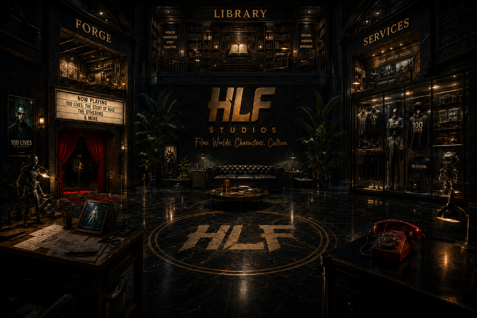 The HLF Studios lobby — a luxury underground film-studio headquarters with glowing portals to each wing.